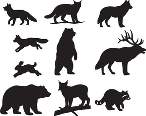 Fototapeta premium Collection of forest animal silhouettes including bears wolves and deer