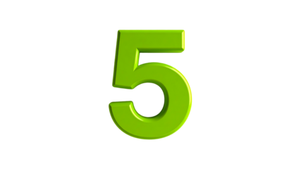 A 3D rendered, lime green digit "5" floats in stark contrast against a solid black background, showcasing volume and depth