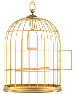 Golden bird cage with open door, transparent background