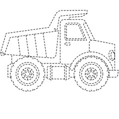 Dotted dump truck line art suitable for coloring pages, classroom materials, and decorative children&rsquo;s artwork.