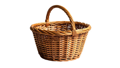Obraz premium A close-up shows a brown, woven basket with a handle against a black background. The wicker construction is visible