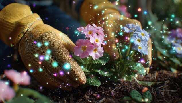 Gardener plants vibrant flowers with magical shimmering dust surrounding