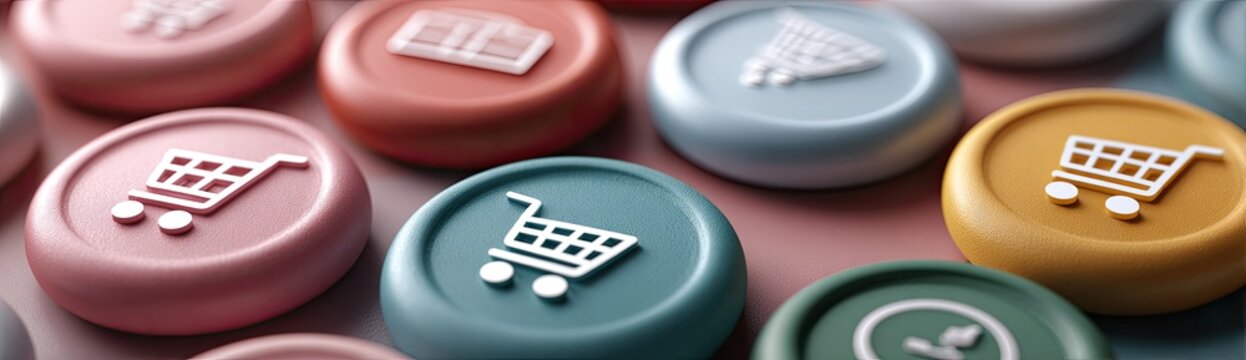 Macro view of pastel-colored buttons with embossed shopping cart icons