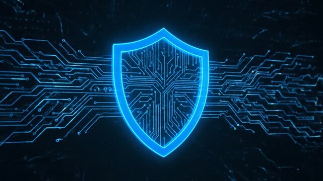 A glowing blue shield icon symbolizing cybersecurity protection in a digital circuit board environment.
