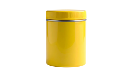 A cylindrical, yellow container with a matching lid and a metallic silver band. The background is pure black, highlighting the product