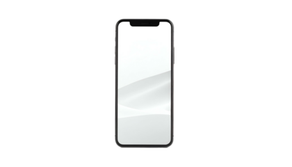 A frontal perspective of a modern smartphone with a bright white screen, showcasing a glossy surface, and a sleek black frame against a black backdrop