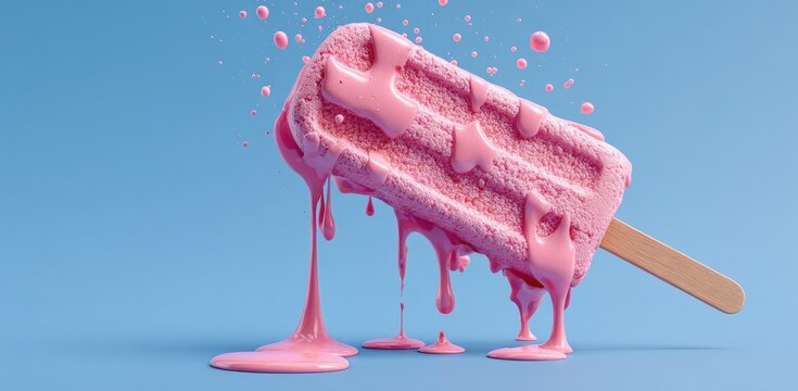 Pink popsicle melting with drips and splashes on a blue background