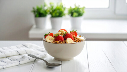 A bowl of strawberry and banana muesli with yogurt presented as a healthy morning meal, highlighting natural fruits