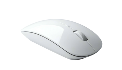 A modern, wireless, ergonomic computer mouse with a smooth, glossy white finish against a black background. Minimalist design