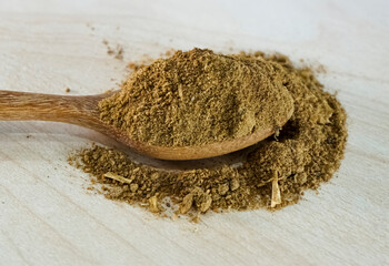 Powdered aquatic animal feed ingredient placed on a wooden spoon over a light natural wood background, representing raw materials used in fish and shrimp feed production
