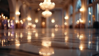 Ornate ballroom with glowing chandeliers, blurred figures, and reflective floors