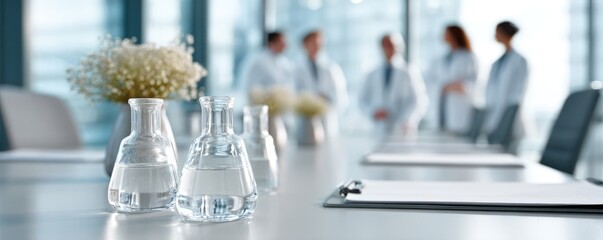 Lab flasks and flowers on table with blurred scientists in background