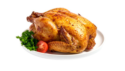 A roasted poultry dish, golden brown with herbs and tomato. Served on a white plate, isolated against a dark backdrop