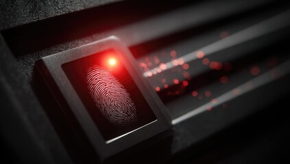 Close-up of a fingerprint scanner with a red light scanning a print