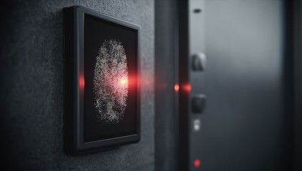 Close-up of a digital fingerprint scanner with a red light indicating activation