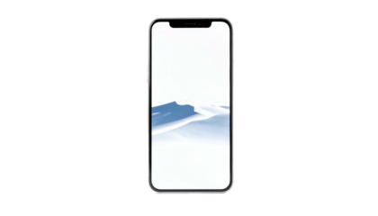 A sleek, modern smartphone with a near bezel-less design displays a serene, minimalist winter landscape on its screen. The device sits against a stark black background