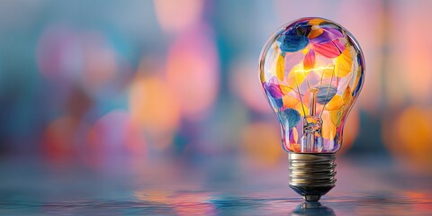 Glowing lightbulb with colorful fragments inside on bokeh background