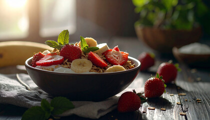 A bowl of strawberry and banana muesli with yogurt presented as a healthy morning meal, highlighting natural fruits