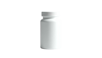 A solitary, opaque white supplement bottle with a screw-on lid stands against a stark black backdrop. The lighting highlights its form