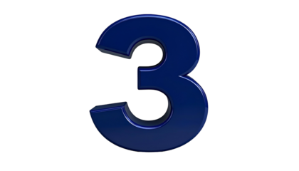 A solitary, dark blue, three-dimensional number "3" floats against a stark black backdrop. The numeral has subtle shadows for depth