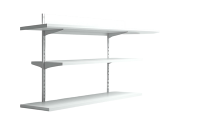 A three-tiered minimalist display unit rendered in a sleek, neutral palette with a prominent overhead sign. A solid, clean presentation