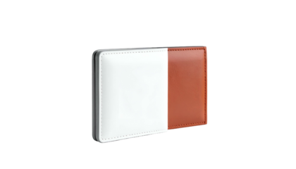 A two-toned leather bi-fold wallet. The wallet features a white front and a brown back with a subtle stitching detail
