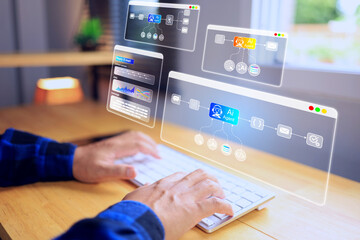 AI agent concept with user using software node coding work flow process multi step to combine working platform such as automatic reply email