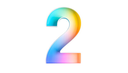 A vibrant, glossy digit "2" floats against a black background. Its surface transitions between blue, green, yellow, and pink hues