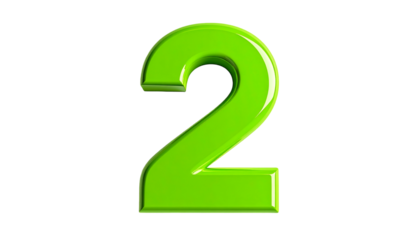 A vibrant, glossy, green number two against a stark black background. The numeral is 3D rendered with highlights