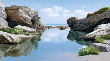 Calm tide pool reflecting blue sky between rocky cliffs