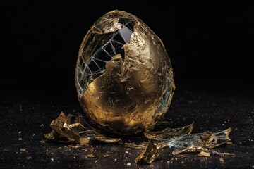 Cracked golden egg with shards of glass scattered around on dark surface