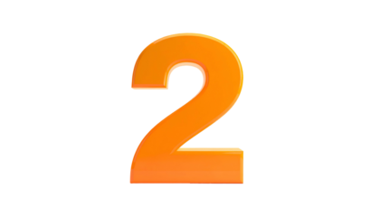 A vibrant, glossy, orange numeral "2" with a subtle gradient effect against a stark black backdrop. The figure stands out due to the contrast