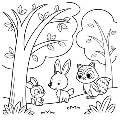 Vector illustration of a forest animals coloring page for 3- to 5-Year-Old Kids