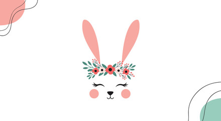Sweet illustration of a cute bunny face wearing a floral crown on a white background with abstract pastel shapes.