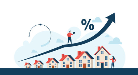Obraz premium Real estate market growth concept with houses increasing in size under an upward arrow with a percentage sign.