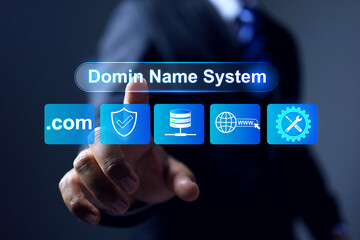 domain name system DNS concept and web server network system concept with businessman registration, website name, url address web page and hosting on website creation