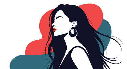 Stylish vector portrait of a beautiful young woman with long black hair and red lips against an abstract colorful background.