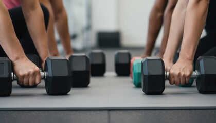 Hands gripping dumbbells on a gym floor, emphasizing strength training and fitness in a workout setting.