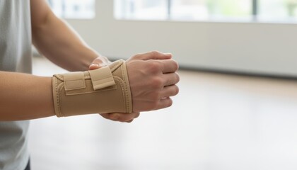 A person wearing a wrist support on their arm in a bright interior space, suggesting recovery or support for physical activity.