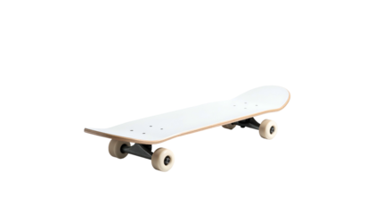 An isolated skateboard, pristine white deck and wheels, black trucks, rests against a dark, featureless backdrop, highlighting its design