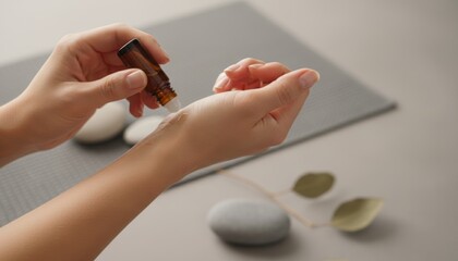 A person applies essential oil to their wrist, surrounded by soothing stones and leaves, promoting relaxation and wellness.