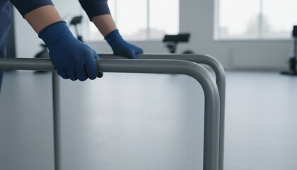 A person with blue gloves holds a metallic railing in a gym setting with fitness equipment in the background.