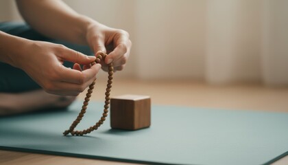 A person holds prayer beads on a yoga mat, symbolizing mindfulness and meditation in a serene indoor environment.