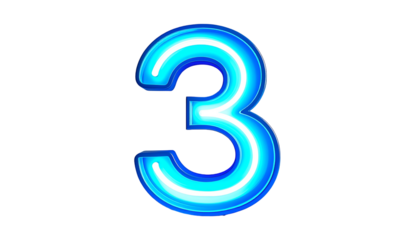 Digit "3" rendered in neon blue light with white highlights and a dark black background