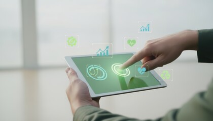 A person interacts with a tablet displaying health-related data and analytical icons, emphasizing technology's role in health monitoring.