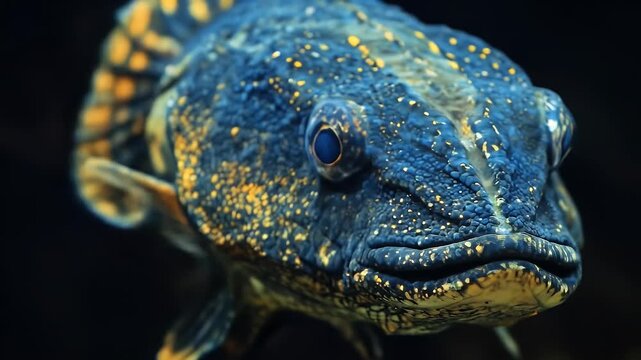 Fish close-up patterned blue and gold, dark background, prominent eye