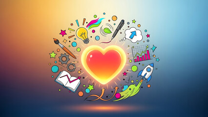 Vibrant heart symbol surrounded by diverse emojis and icons on gradient background