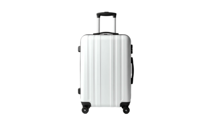 Modern, upright suitcase with a white exterior, vertical ridges, and a retractable handle. Wheels visible