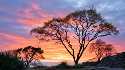 Tree silhouettes contrasting against dramatic colorful sunset sky