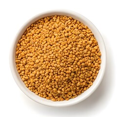 Fenugreek Seeds Roasted Warm Golden Brown Nuggets on Clean White Background Highlighting Toasted Herbal Aroma Organic Texture Rich Earthy Warmth and Wholesome Simplicity in Minimal Studio Still Life